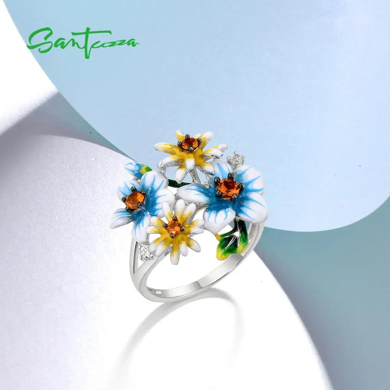 Sterling Silver Flower Enamel Rings Cubic Zirconia for Women