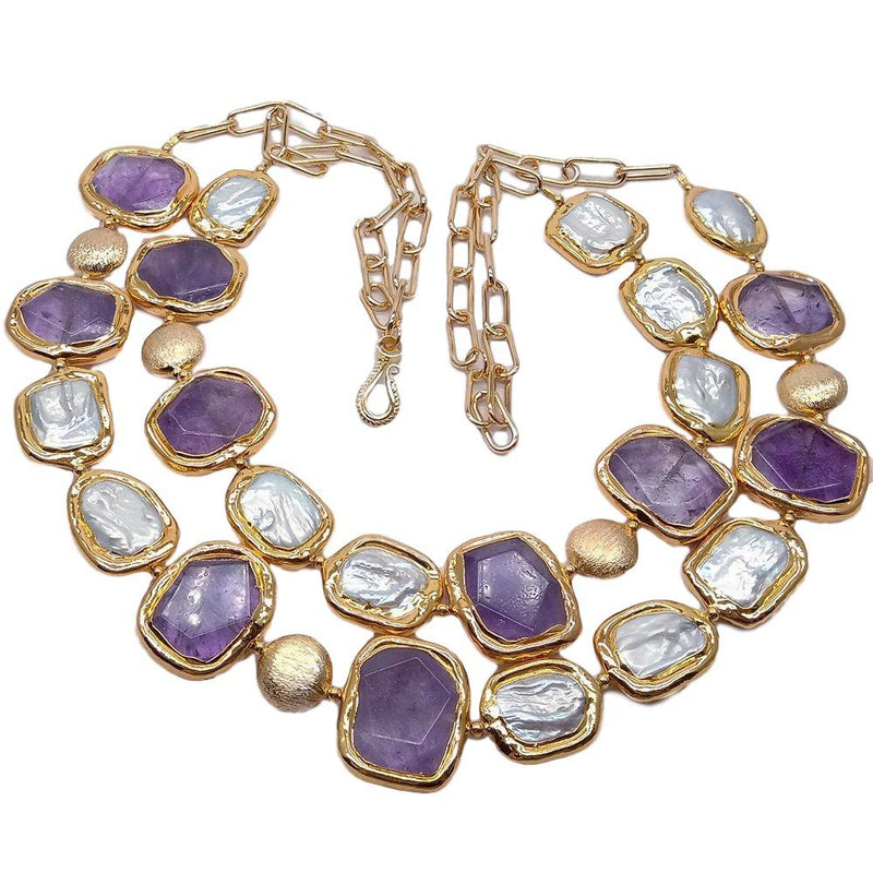 Gold Plated Cultured White Keshi Pearls & Amethyst Chunk Necklace for Women
