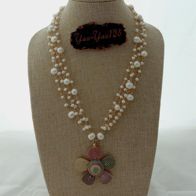 Sterling Silver 4.00 ctw White Freshwater Pearl CZ Pave Flower Pendant for Her