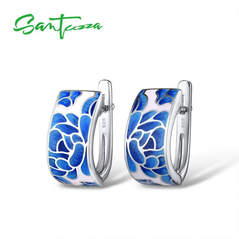 925 Sterling Silver Blue Enamel Flower Earrings for Women