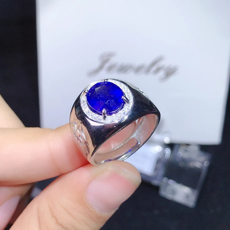 925 Pure Silver 4 Carat Natural Sapphire Ring with Color for Men