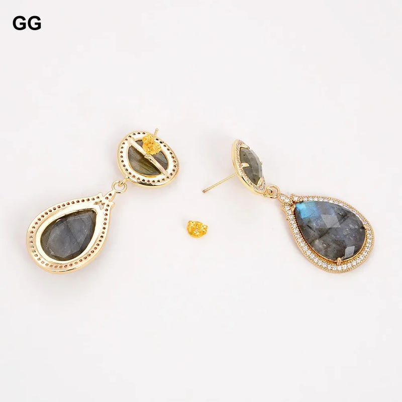 Gold Plated Labradorite CZ Stud Earrings for Women