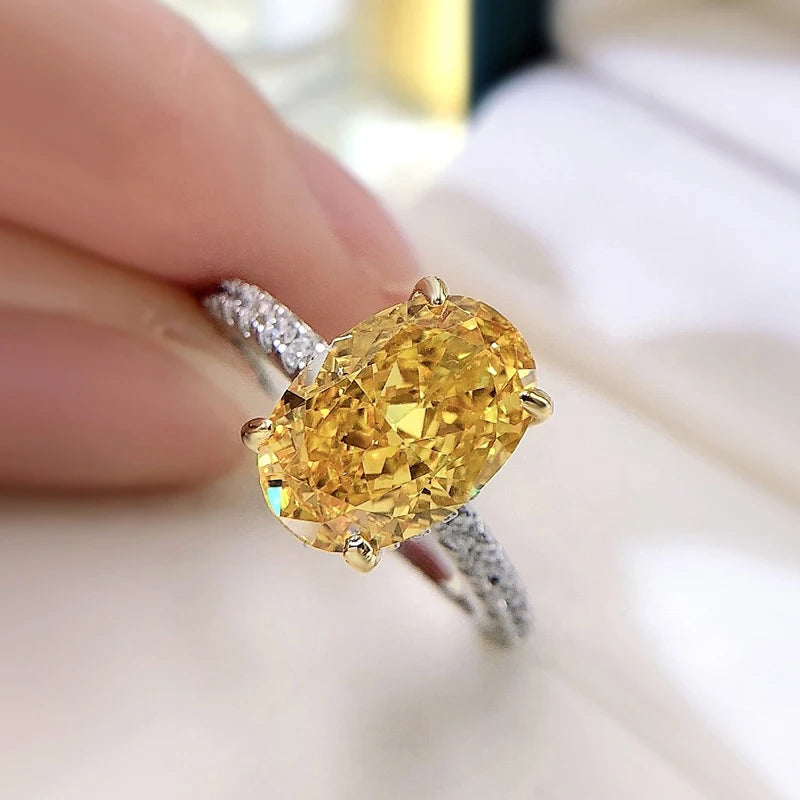 925 Sterling Silver Oval Yellow Diamond Radiant Ring for Women