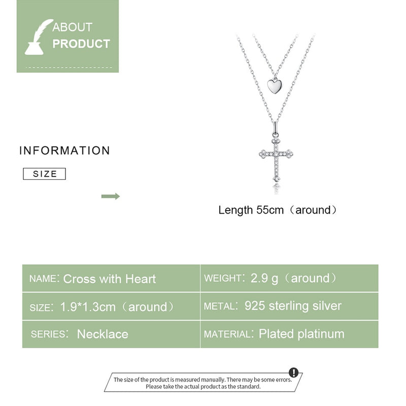 Sterling Silver Cross and Heart Double Layer Pendant Necklace for Women