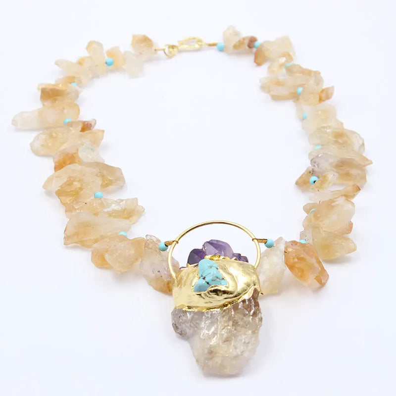 Gold Plated Natural Yellow Citrine Topaz Rough Nugget Necklace with Amethyst Turquoise Pendant for Women