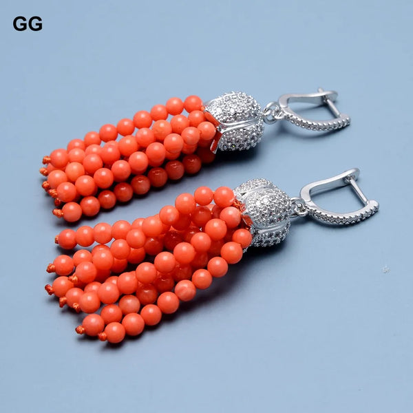 Silver Natural Orange Coral Lever Back Dangle Earrings For Women