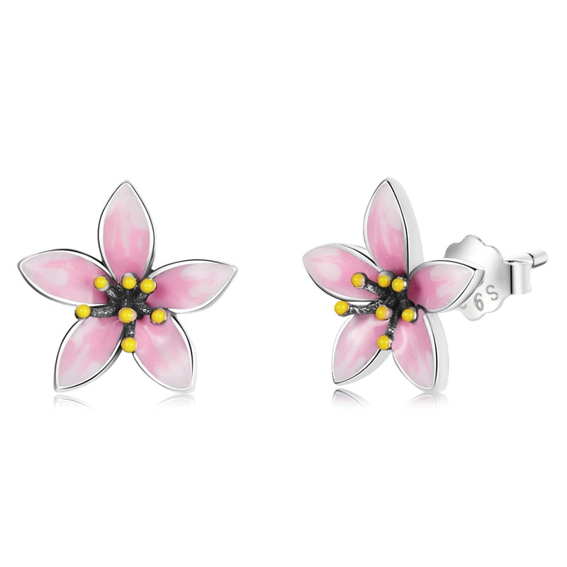 925 Sterling Silver Enamel Pink Cherry Blossom Stud Earrings for Women