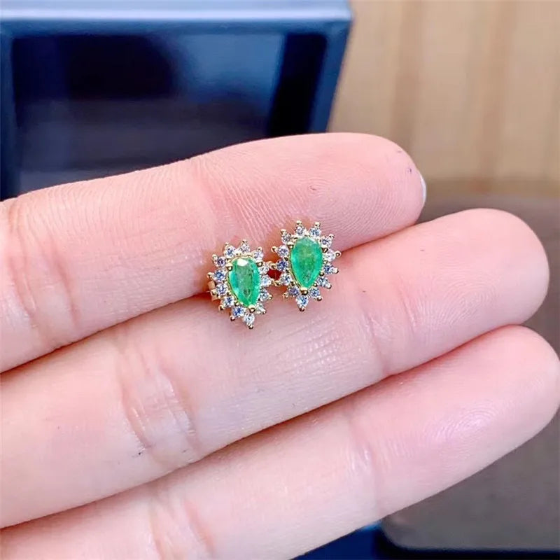 Sterling Silver 925 Natural Emerald Stud Earrings for Women