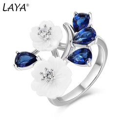 925 Sterling Silver Blue Zircon Shell Flower Ring for Women