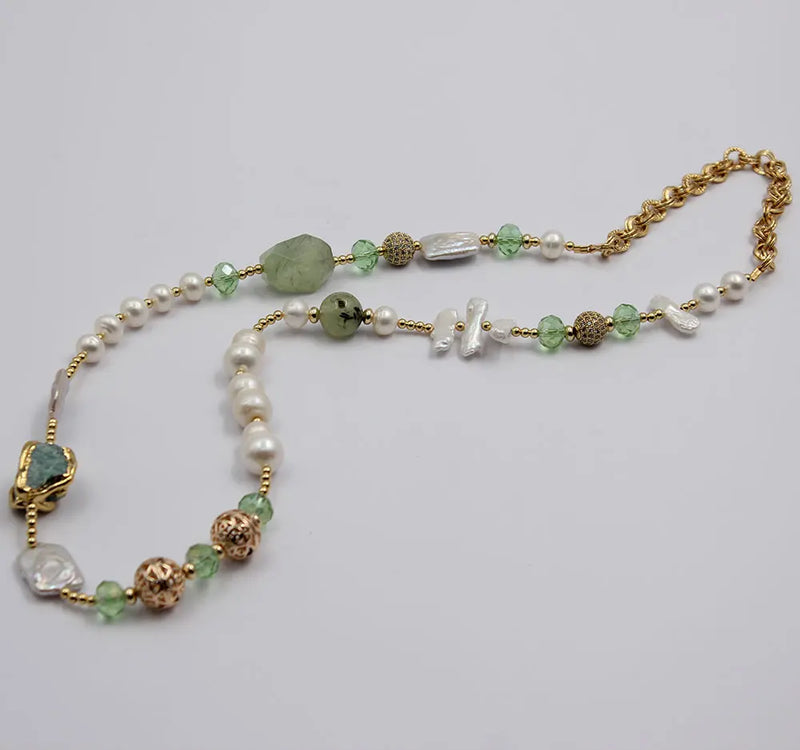 Gold Plated Natural White Pearl & Green Amazonite Crystal Long Necklace for Women