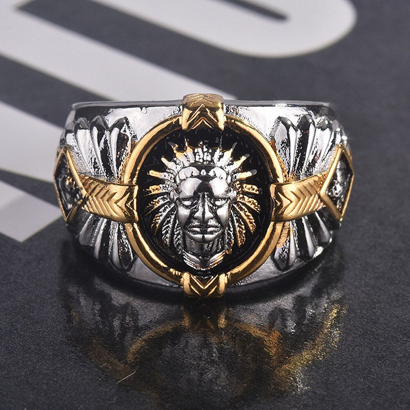 Black Enamel Indian Chief Carving Hip Hop Rings for Men