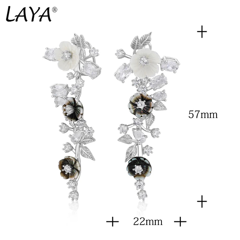 Sterling Silver Natural Shell Zircon Flower Drop Earrings for Women