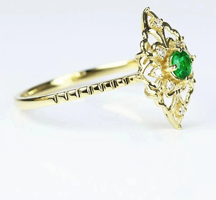 14k Yellow Gold 0.13ct Emerald and Diamond Ring for Women