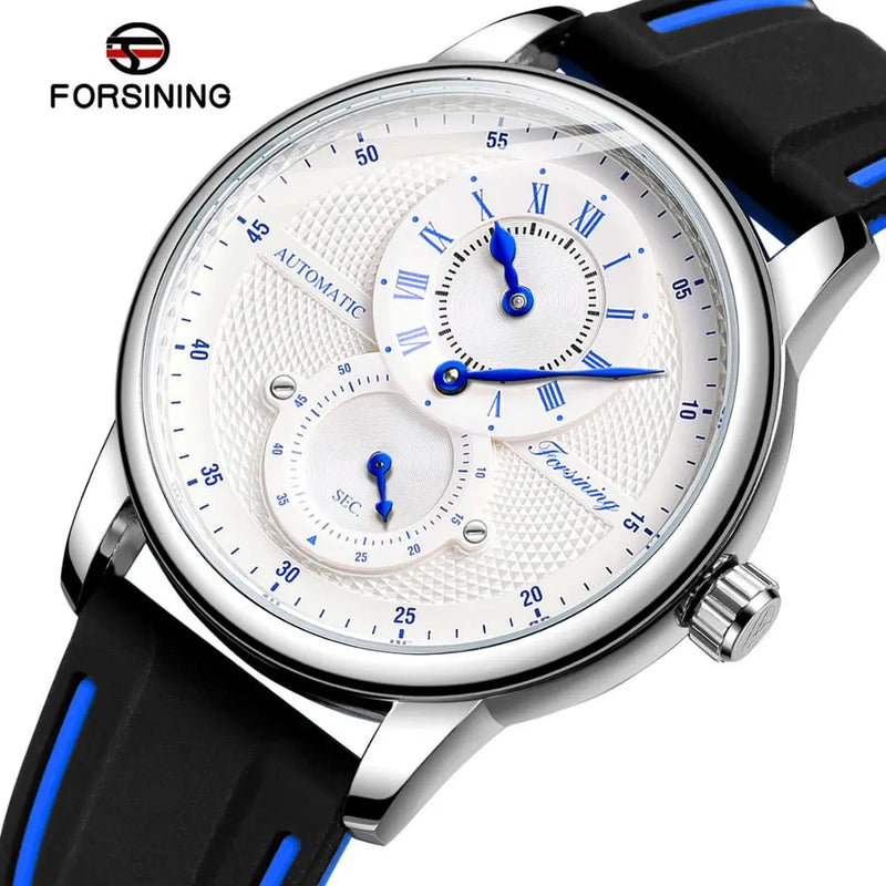 Stainless Steel Silicone Men's Automatic Watch with Blue and White Dial