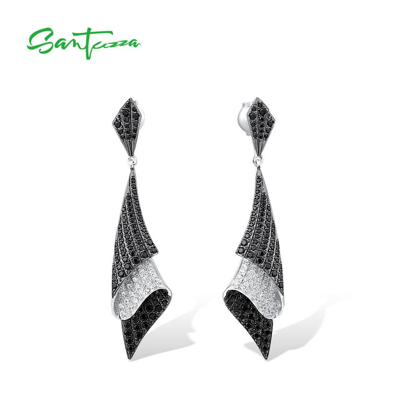 925 Sterling Silver Folded Black Spinel and White Cubic Zirconia Earrings for Woman