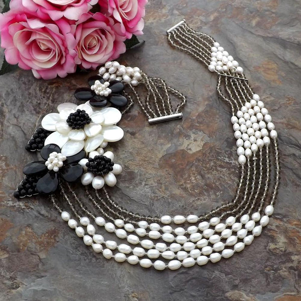 YYING 25 6 Strands White Rice Pearl Onyx Shell Flower Statement Necklace\"