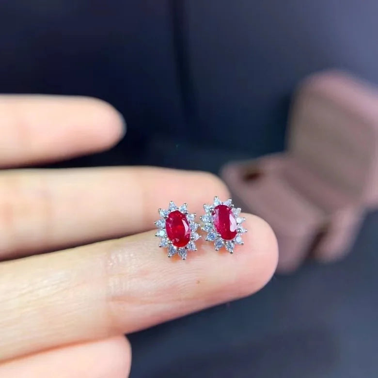 Sterling Silver Natural Ruby Stud Earrings for Women