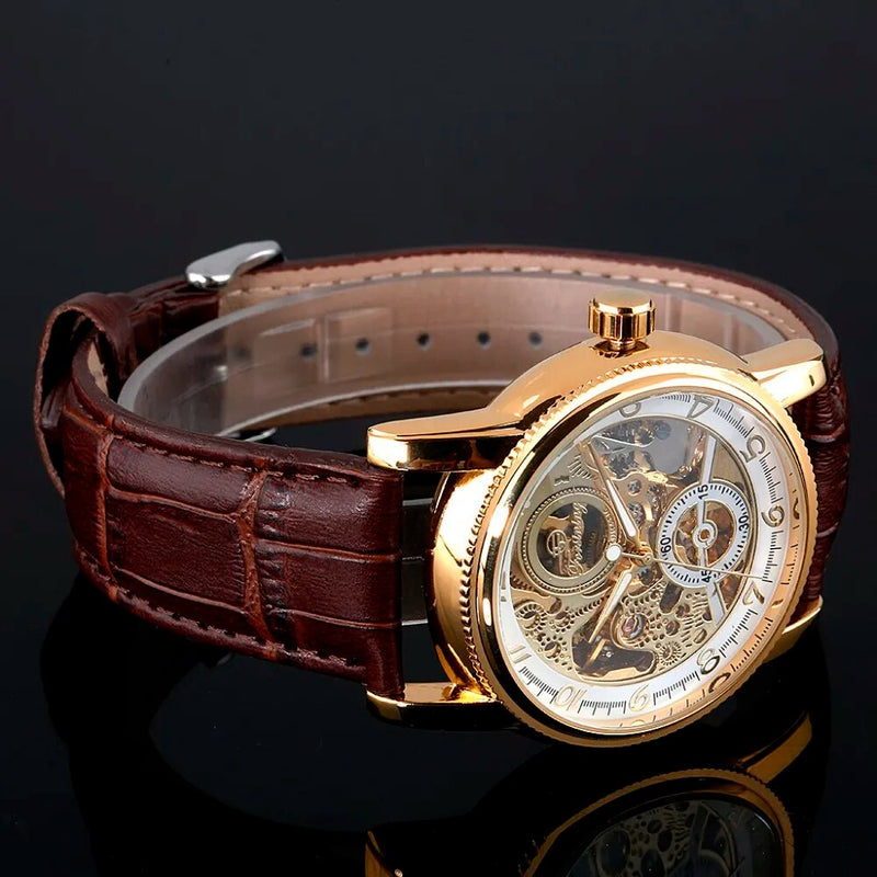 Stainless Steel Skeleton Automatic Watch with Leather Band for Men