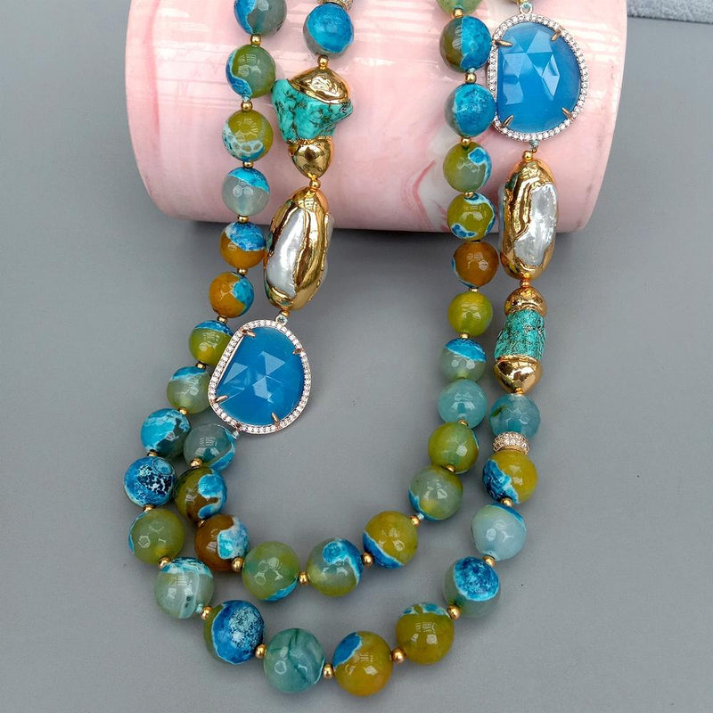 Sterling Silver Blue Faceted Agate, Cultured White Biwa Pearl, and Turquoise Necklace for Women
