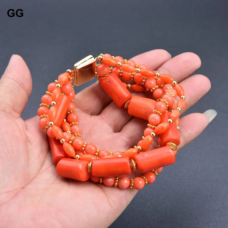 Silver 8" Multi-Shape Orange Coral Bracelet for Lady