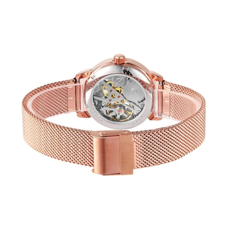 Rose Gold Stainless Steel Skeleton Mechanical Hand Wind Watch for Women