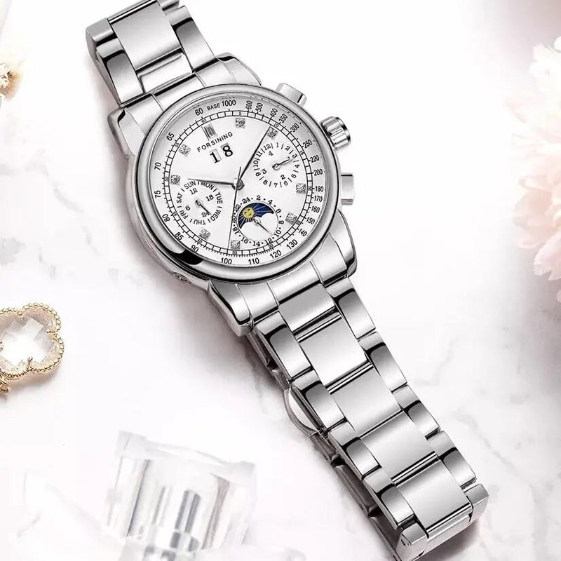 Automatic Winding Leather Strap Date Mechanical Dress Watch for Women