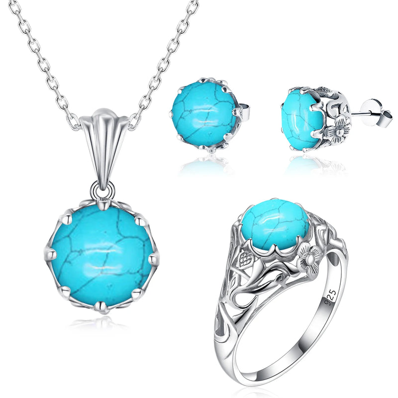 Sterling Silver Turquoise Flower Earrings Necklace Ring Set for Women