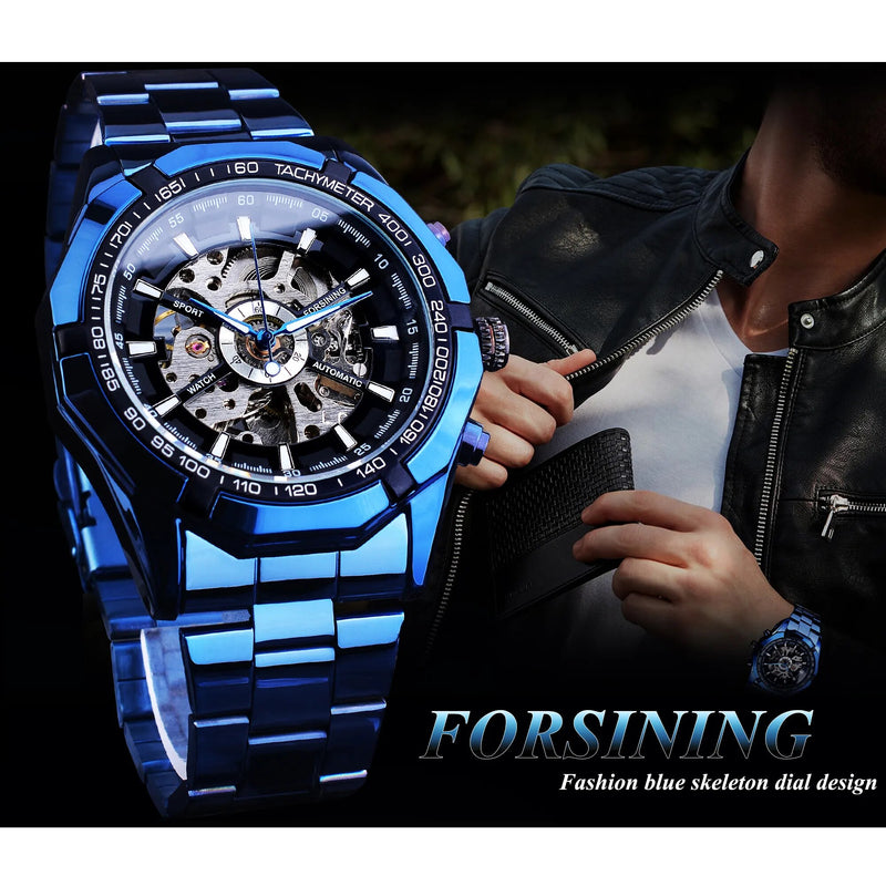 Stainless Steel Skeleton Automatic Watch, Blue for Men