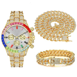 Silver Color Cuban Chain Necklace Watch Bracelet Set with Full Iced Out Rhinestones for Men