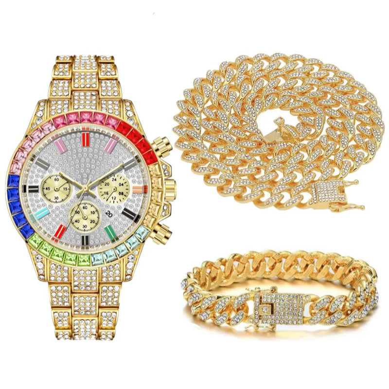 Silver Color Cuban Chain Necklace Watch Bracelet Set with Full Iced Out Rhinestones for Men