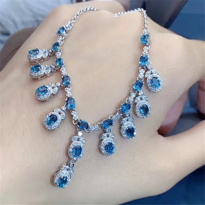 925 Sterling Silver Natural Topaz Pendant Choker Necklace for Women