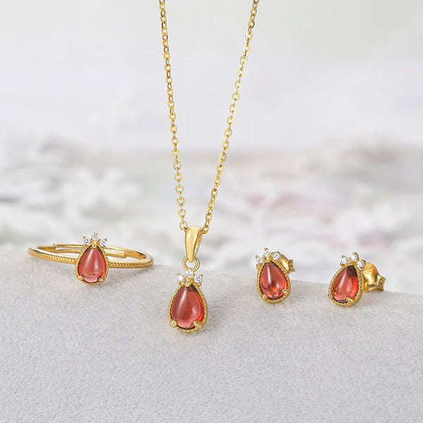 14K Gold Plated Sterling Silver Waterdrop Garnet Jewelry Set for Women