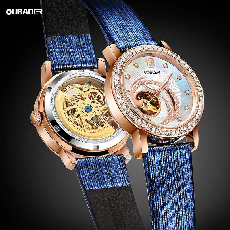 Stainless Steel Diamond Dial Leather Strap Automatic Watch for Women