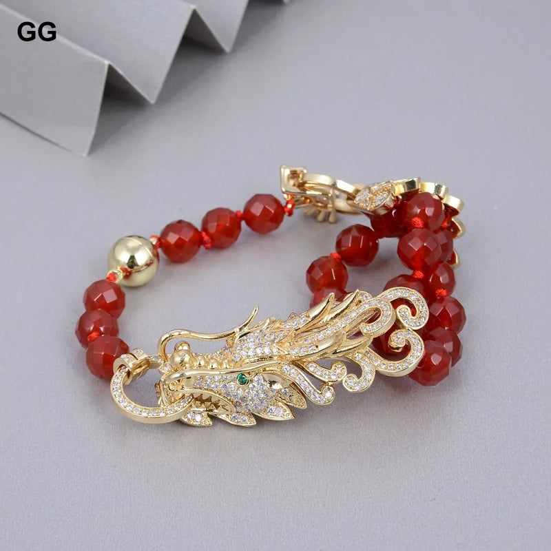 Sterling Silver 8mm Red Carnelian & CZ Dragon Connector Bracelet for Women