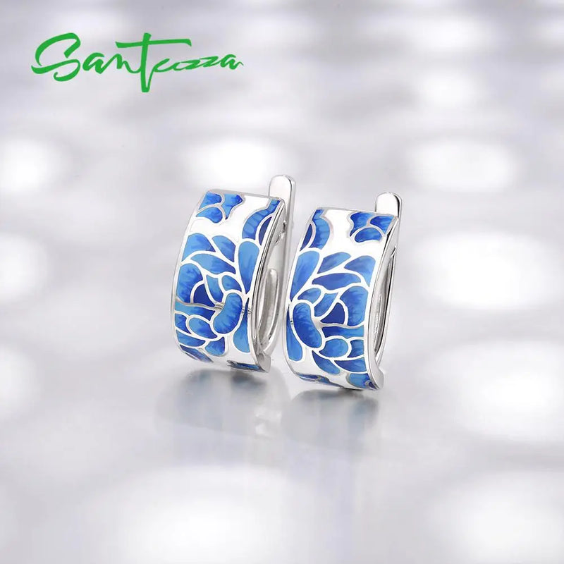 925 Sterling Silver Blue Enamel Flower Earrings for Women