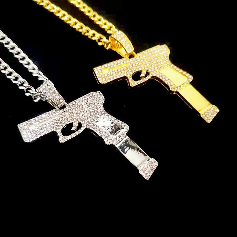 Gold Full Zircon Handgun Pendant Necklace for Men