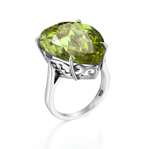 Sterling Silver 925 Peridot Ring, 16x21mm, Antiqued Filigree, Edwardian for Women