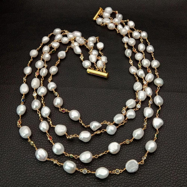 YYING 18 4 Strands Freshwater White Baroque Pearl Multi Color Cz Chain Necklace handmade party wedding for women\"