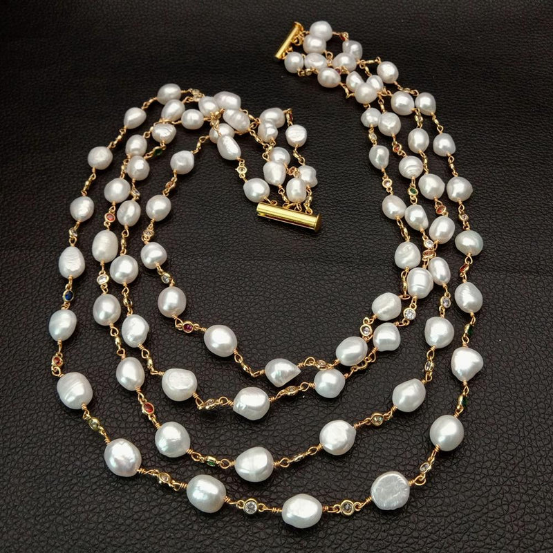 Silver Freshwater Baroque Pearl and CZ Chain Necklace for Women