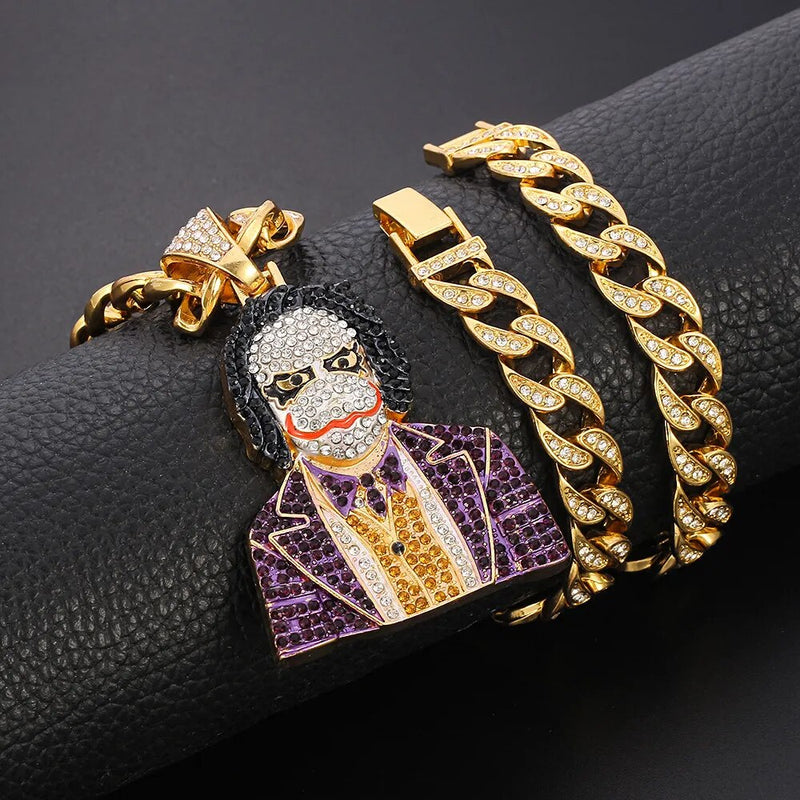 Cuban Link Chain Necklace with Iced Out Clown Pendant for Men and Women