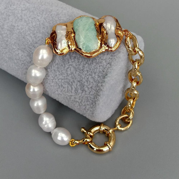 Sterling Silver Cultured White Rice Pearl & Amazonite Biwa Pearl Chain Bracelet for Women