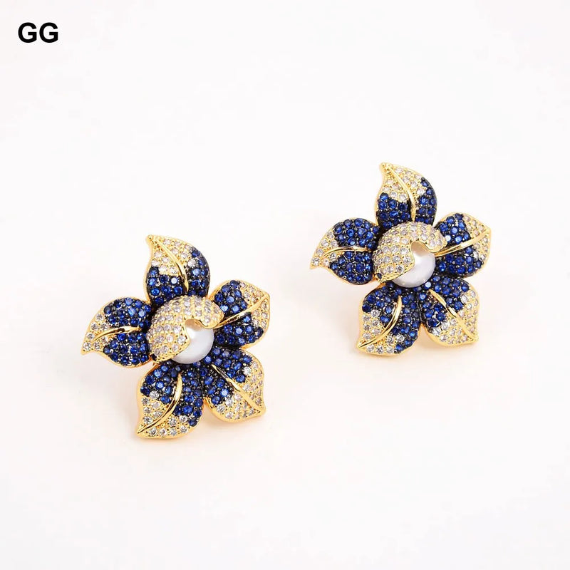 Yellow Gold Plated White Pearl Blue CZ Flower Earrings for Women