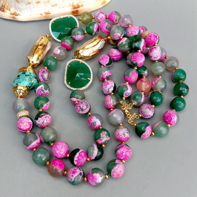 Sterling Silver Fuchsia Green Agate & White Pearl Crystal Turquoise Necklace for Women