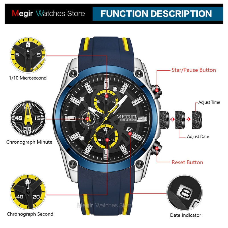 Stainless Steel Blue Silicone 24H Luminous Sport Watch for Men