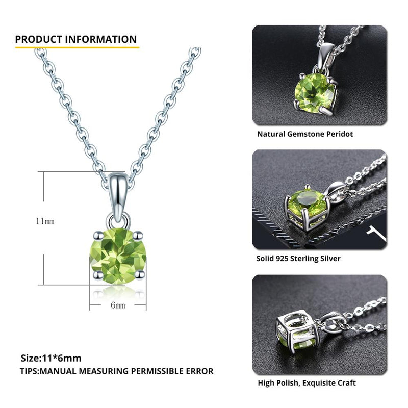 925 Sterling Silver Peridot Pendant with 6mm Genuine Green Gem for Women