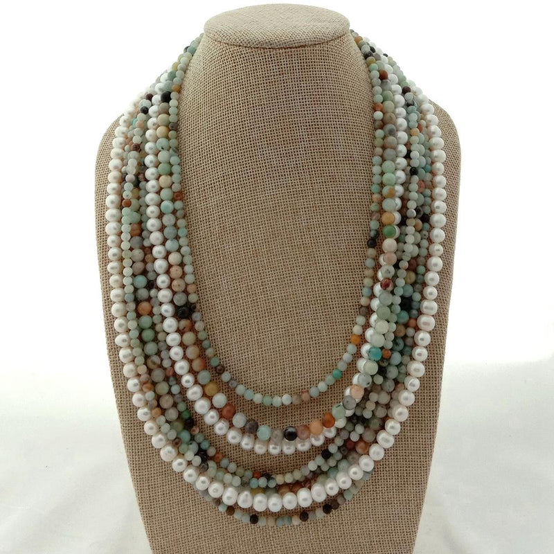 Gold Plated 4mm Amazonite & Freshwater Pearl Mixed Color Necklace for Women