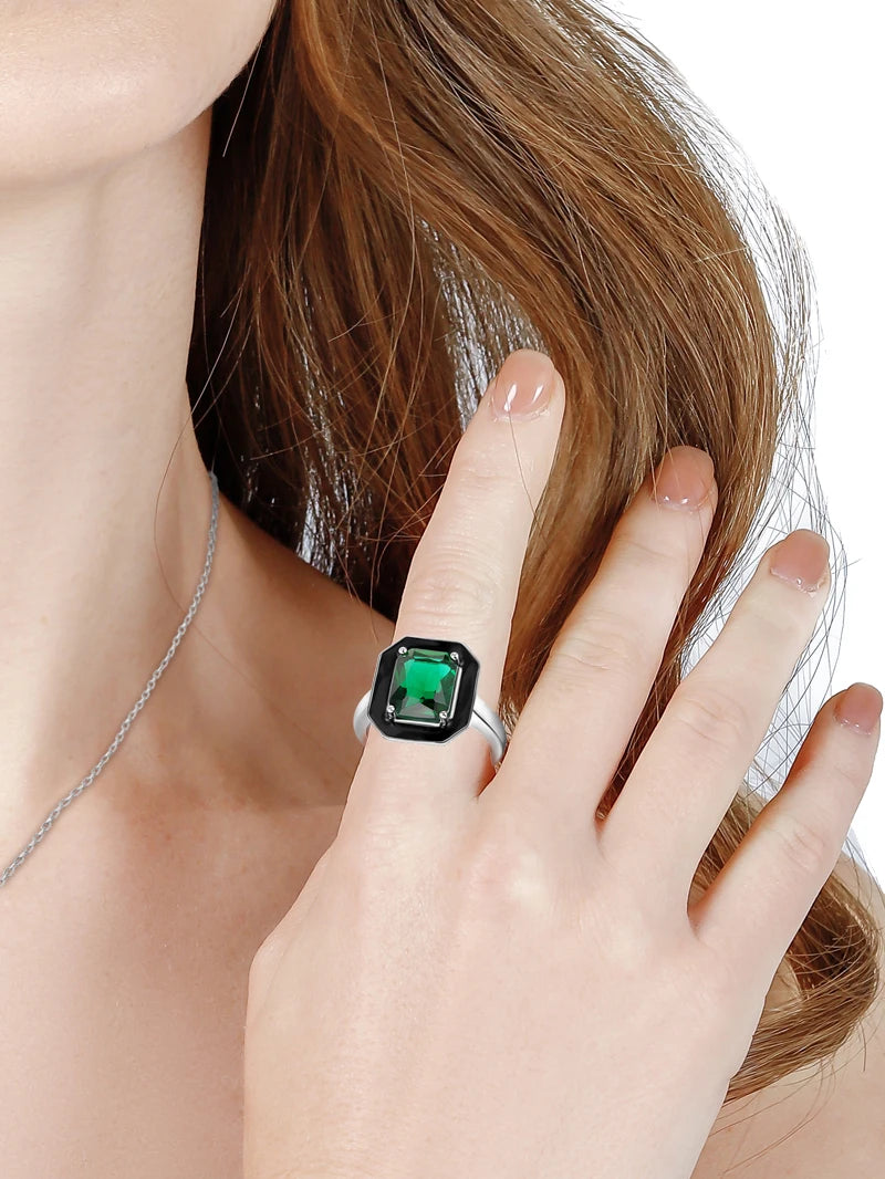 Sterling Silver Synthetic Green Crystal Black Enamel Square Ring for Women