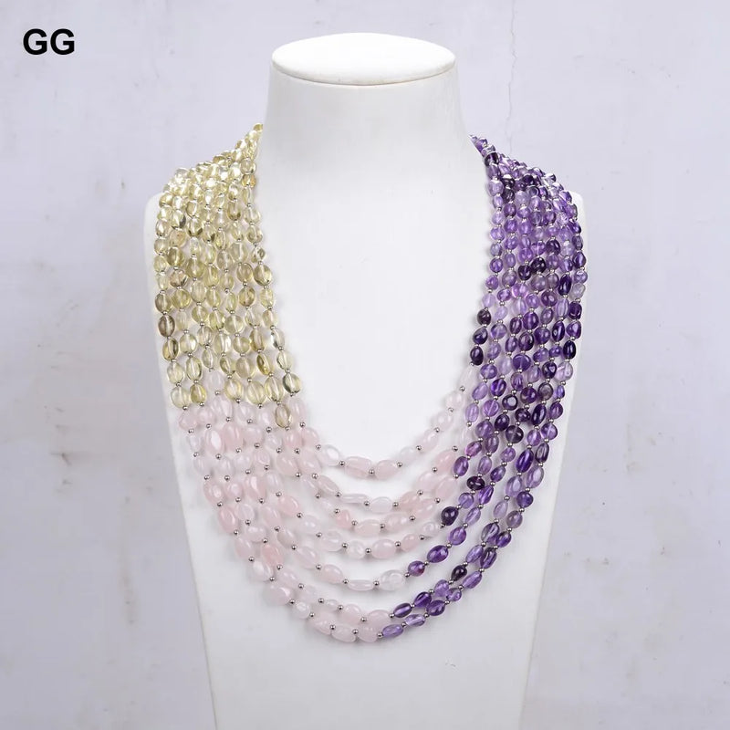 Sterling Silver 7 Rows Amethyst, Rose Quartz, Lemon Quartz Freeform Necklace for Women