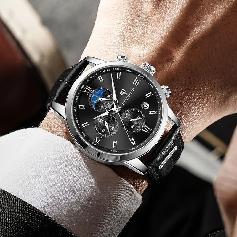 Luxury Men's Fashion Watch with Leather Strap and Waterproof Chronograph Features