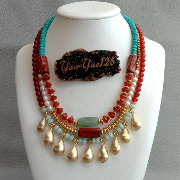 YYING Cultured White freshwater Pearl carnelian  Amazonite howlite rondelle gold color teardrop beads statement Necklace 17\"